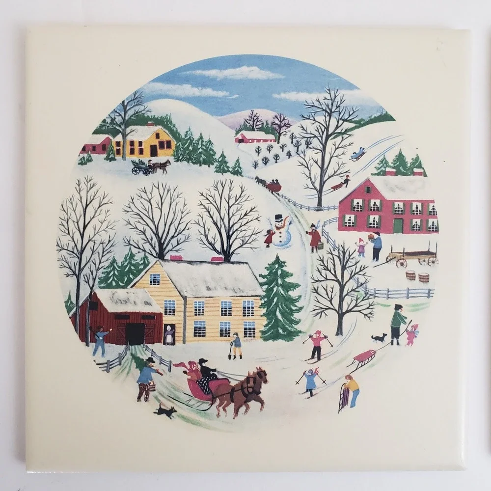 Hyalyn USA Folk Art Wall Tile/ Trivet Set 2: Winter Town & Daily Bread Americana